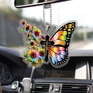 Rearview Car Mirror Butterfly Cross Hanging Accessorie Christmas Decor Key Chain
